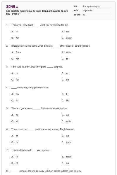 500 câu trắc nghiệm giới từ trong Tiếng Anh có đáp án cực hay - Phần 9