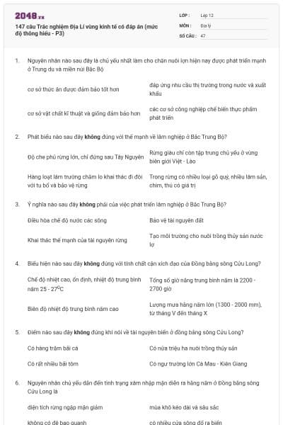 147 câu Trắc nghiệm Địa Lí vùng kinh tế có đáp án (mức độ thông hiểu - P3)
