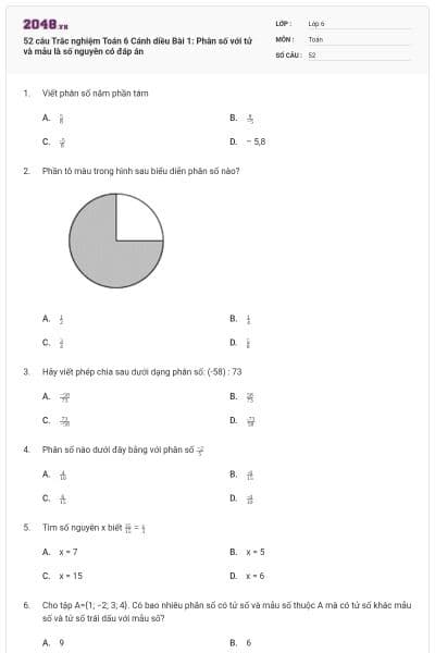 52 câu Trắc nghiệm Toán 6 Cánh diều Bài 1: Phân số với tử và mẫu là số nguyên có đáp án