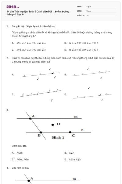 34 câu Trắc nghiệm Toán 6 Cánh diều Bài 1: Điểm. Đường thẳng có đáp án