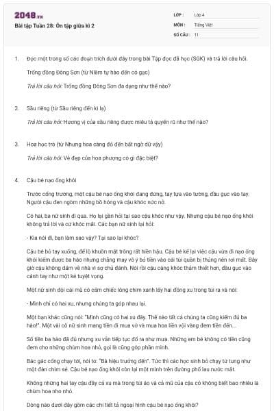 Bài tập Tuần 28: Ôn tập giữa kì 2