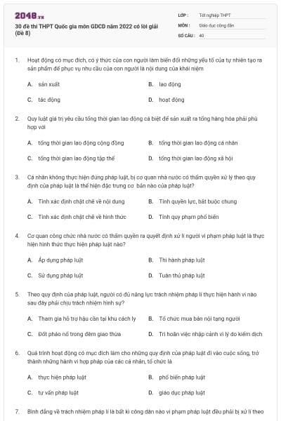 30 đề thi THPT Quốc gia môn GDCD năm 2022 có lời giải (Đề 8)