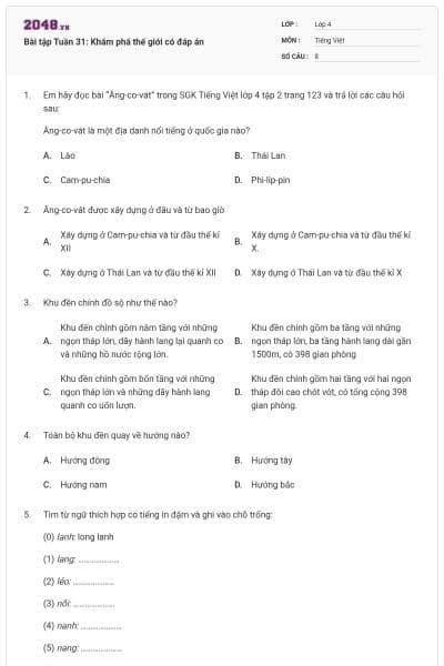 Bài tập Tuần 31: Khám phá thế giới có đáp án