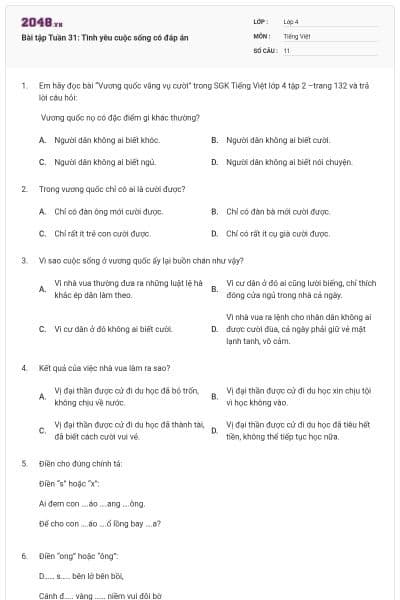 Bài tập Tuần 31: Tình yêu cuộc sống có đáp án