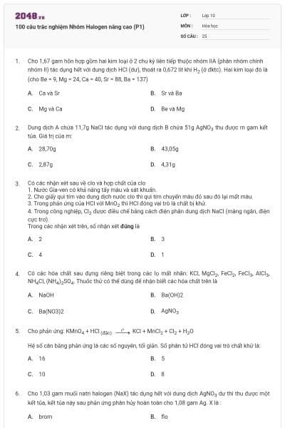 100 câu trắc nghiệm Nhóm Halogen nâng cao (P1)