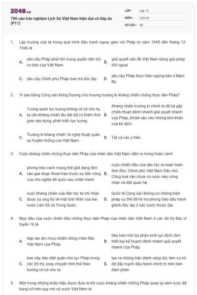 700 câu trắc nghiệm Lịch Sử Việt Nam hiện đại có đáp án (P11)