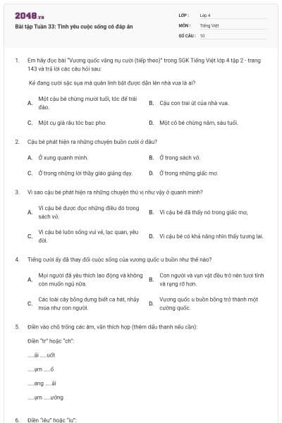 Bài tập Tuần 33: Tình yêu cuộc sống có đáp án