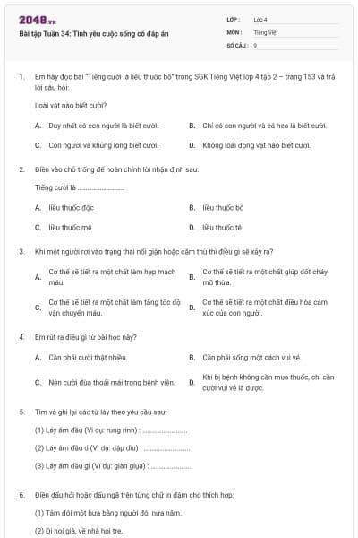 Bài tập Tuần 34: Tình yêu cuộc sống có đáp án