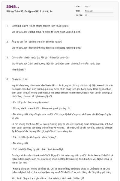 Bài tập Tuần 35: Ôn tập cuối kì 2 có đáp án