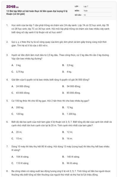 12 Bài tập Một số bài toán thực tế liên quan đại lượng tỉ lệ thuận (có lời giải)