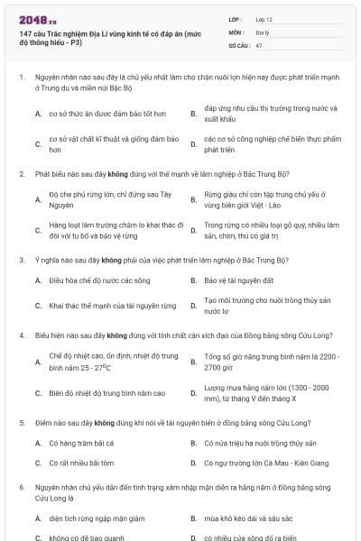 147 câu Trắc nghiệm Địa Lí vùng kinh tế có đáp án (mức độ thông hiểu - P3)