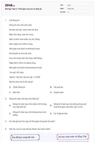 Bài tập Tuần 2: Thời gian của em có đáp án