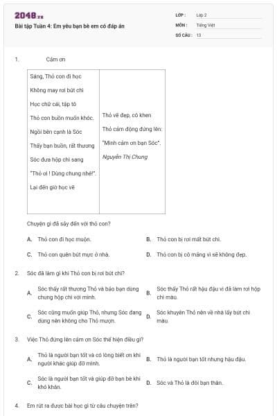 Bài tập Tuần 4: Em yêu bạn bè em có đáp án