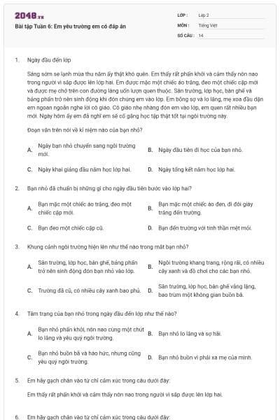 Bài tập Tuần 6: Em yêu trường em có đáp án