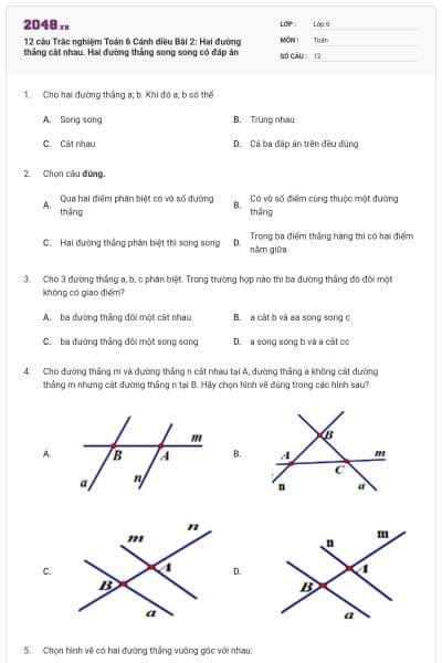 12 câu Trắc nghiệm Toán 6 Cánh diều Bài 2: Hai đường thẳng cắt nhau. Hai đường thẳng song song có đáp án