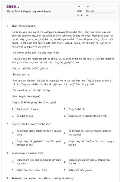 Bài tập Tuần 8: Em yêu thầy cô có đáp án