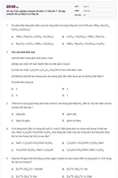 40 câu Trắc nghiệm chuyên đề Hóa 11 Chủ đề 7. Ôn tập chuyên đề sự điện li có đáp án