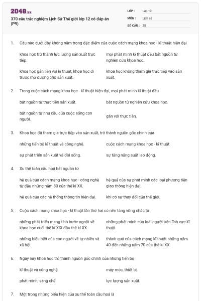 370 câu trắc nghiệm Lịch Sử Thế giới lớp 12 có đáp án (P9)