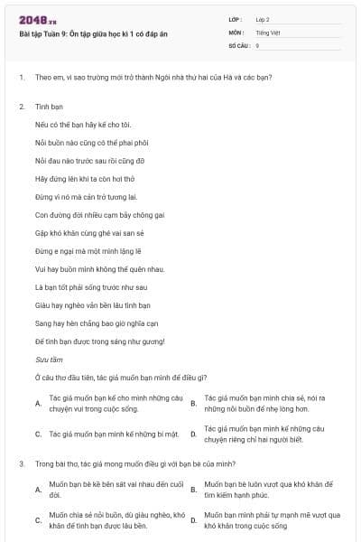 Bài tập Tuần 9: Ôn tập giữa học kì 1 có đáp án