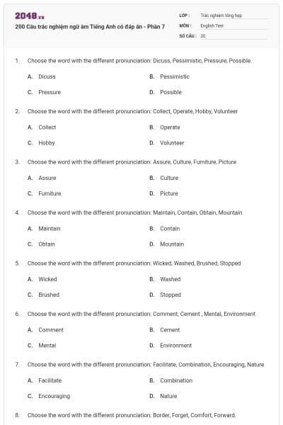 200 Câu trắc nghiệm ngữ âm Tiếng Anh có đáp án - Phần 7