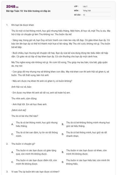 Bài tập Tuần 10: Vui đến trường có đáp án