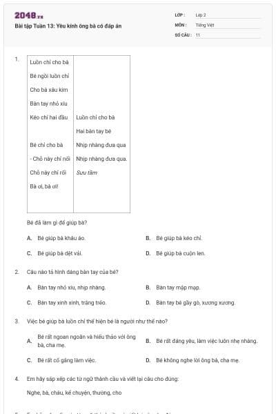 Bài tập Tuần 13: Yêu kính ông bà có đáp án