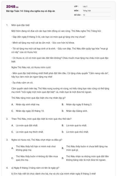 Bài tập Tuần 14: Công cha nghĩa mẹ có đáp án