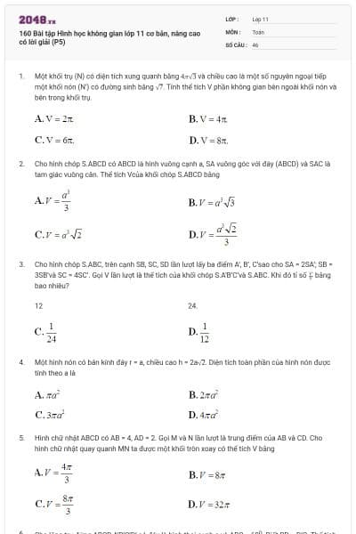 160 Bài tập Hình học không gian lớp 11 cơ bản, nâng cao có lời giải (P5)