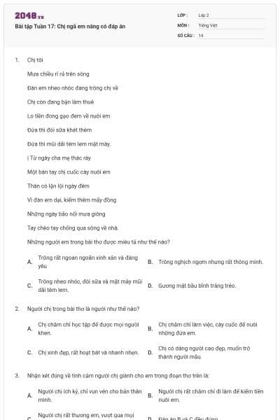 Bài tập Tuần 17: Chị ngã em nâng có đáp án