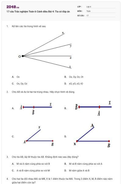 17 câu Trắc nghiệm Toán 6 Cánh diều Bài 4: Tia có đáp án