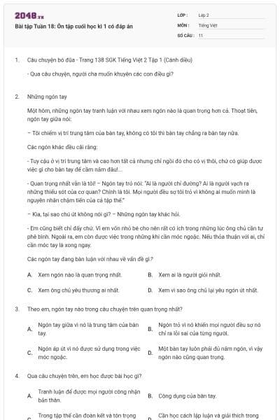 Bài tập Tuần 18: Ôn tập cuối học kì 1 có đáp án