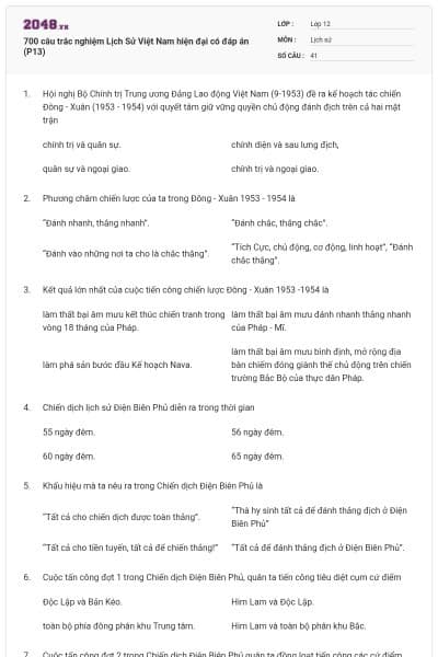 700 câu trắc nghiệm Lịch Sử Việt Nam hiện đại có đáp án (P13)