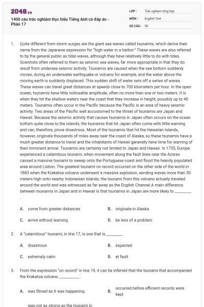 1400 câu trắc nghiệm Đọc hiểu Tiếng Anh có đáp án - Phần 17