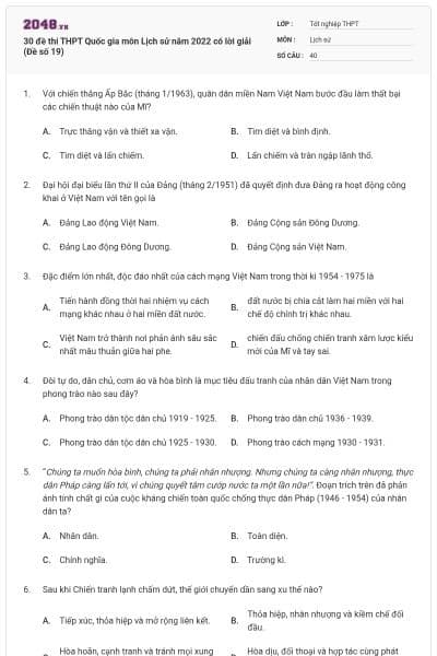 30 đề thi THPT Quốc gia môn Lịch sử năm 2022 có lời giải (Đề số 19)