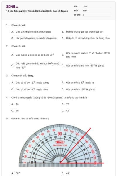 10 câu Trắc nghiệm Toán 6 Cánh diều Bài 5: Góc có đáp án