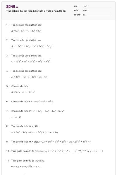 Trắc nghiệm bài tập theo tuần Toán 7-Tuần 27 có đáp án