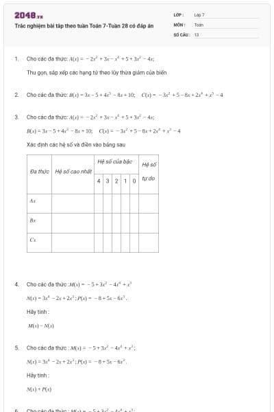 Trắc nghiệm bài tâp theo tuần Toán 7-Tuần 28 có đáp án