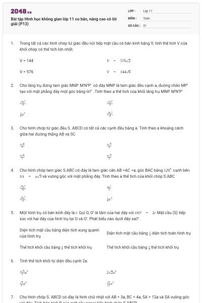 Bài tập Hình học không gian lớp 11 cơ bản, nâng cao có lời giải (P13)