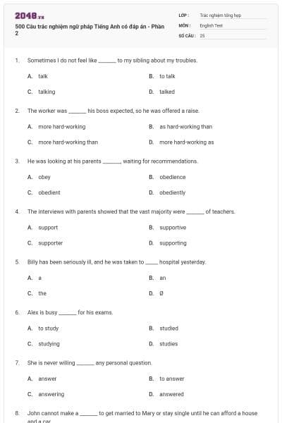 500 Câu trắc nghiệm ngữ pháp Tiếng Anh có đáp án - Phần 2