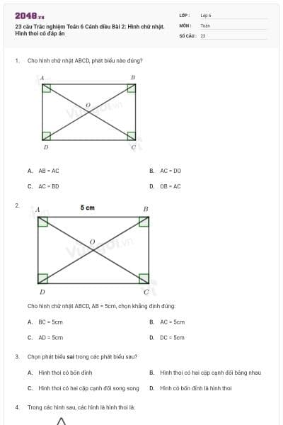 23 câu Trắc nghiệm Toán 6 Cánh diều Bài 2: Hình chữ nhật. Hình thoi có đáp án