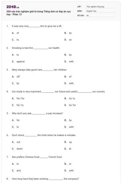 500 câu trắc nghiệm giới từ trong Tiếng Anh có đáp án cực hay - Phần 13