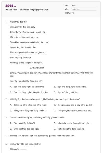 Bài tập Tuần 1: Em lớn lên từng ngày có đáp án