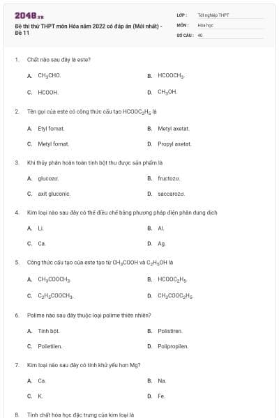 Đề thi thử THPT môn Hóa năm 2022 có đáp án (Mới nhất) - Đề 11