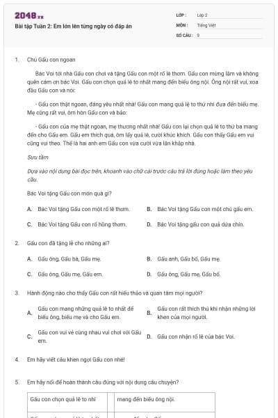 Bài tập Tuần 2: Em lớn lên từng ngày có đáp án