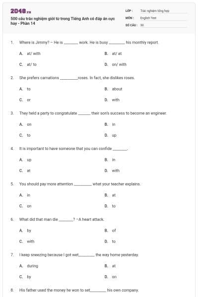 500 câu trắc nghiệm giới từ trong Tiếng Anh có đáp án cực hay - Phần 14