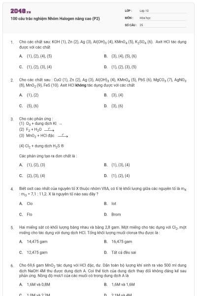 100 câu trắc nghiệm Nhóm Halogen nâng cao (P2)