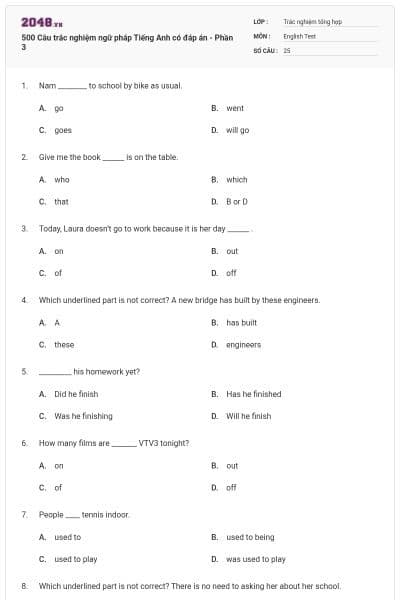 500 Câu trắc nghiệm ngữ pháp Tiếng Anh có đáp án - Phần 3