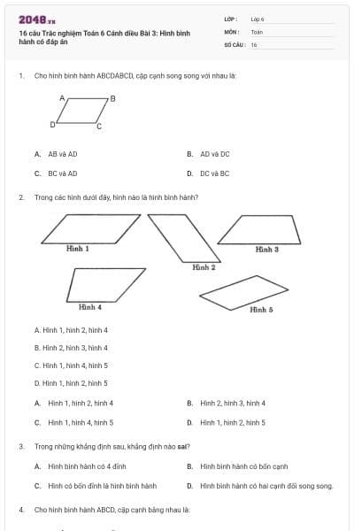 16 câu Trắc nghiệm Toán 6 Cánh diều Bài 3: Hình bình hành có đáp án