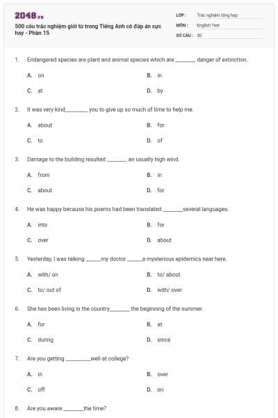 500 câu trắc nghiệm giới từ trong Tiếng Anh có đáp án cực hay - Phần 15