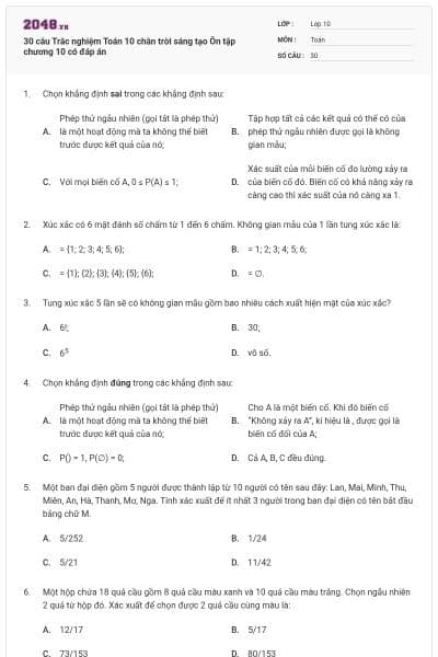30 câu Trắc nghiệm Toán 10 chân trời sáng tạo Ôn tập chương 10 có đáp án